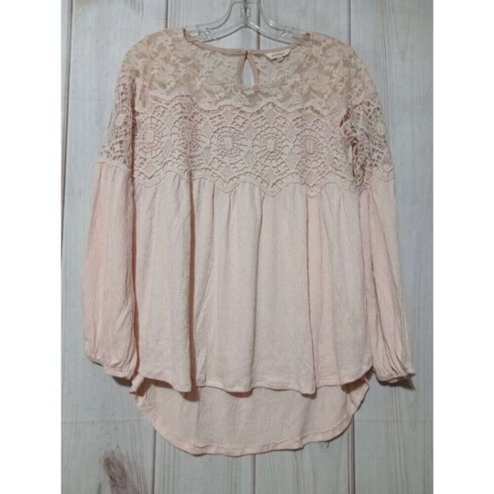 Sundance Womens XS Pink Lace Crochet Yoke Blouse High Low Long Sleeve Guaze